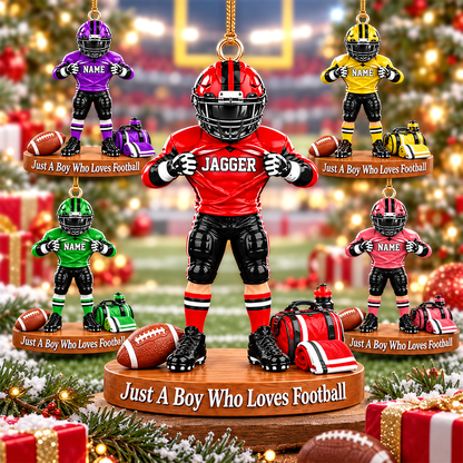 Personalized Football Player Christmas Ornament, Custom Name, Number & Uniform Colors, Just a Boy Who Loves Football Gift New