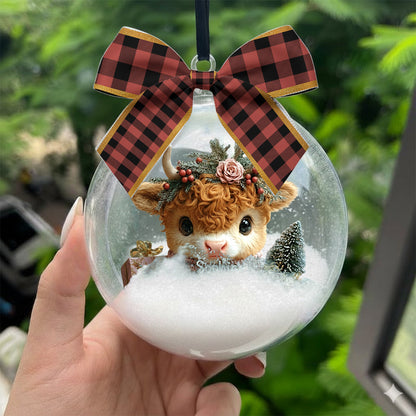 Highland Cow Christmas - Personalized Highland Cow Snow Globe Ornament With Bow