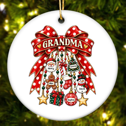 Grandma Retro Christmas Charm Bow - Personalized Ceramic Ornament - Trendy Christmas Ornament for Grandma