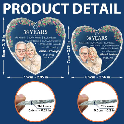 Anniversary Gift For Couples - Personalized Custom Photo Watercolor Names Year Counting Time Together Glass Ornament