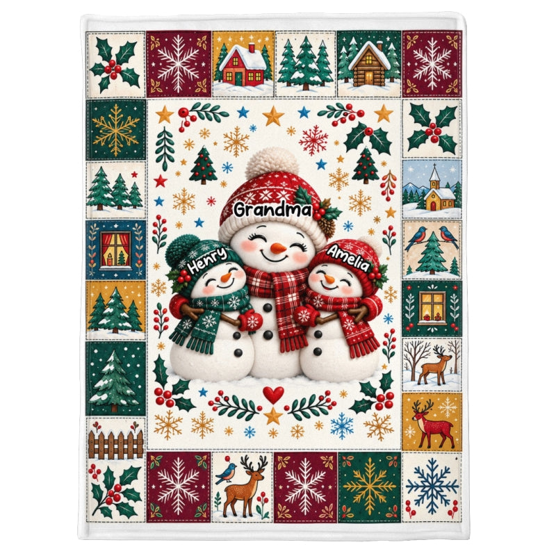 Snowman Grandma Grandkids Hugging - Personalized Fleece Blanket - Christmas Gift for Grandma, Grandkids