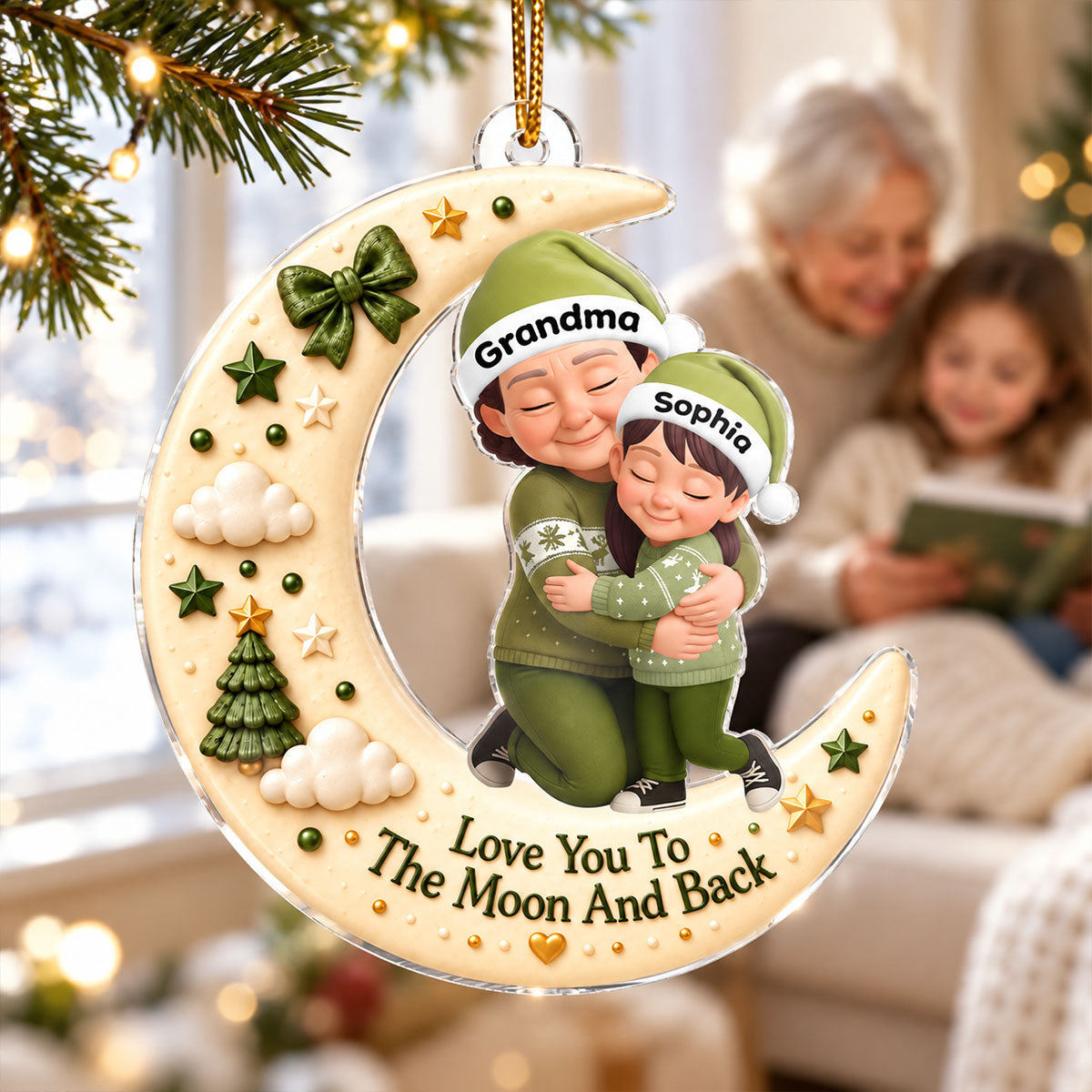Grandma Hugging Grandkid Love to the Moon and Back - Personalized Acrylic Ornament - Christmas Gift for Grandma, Grandkids