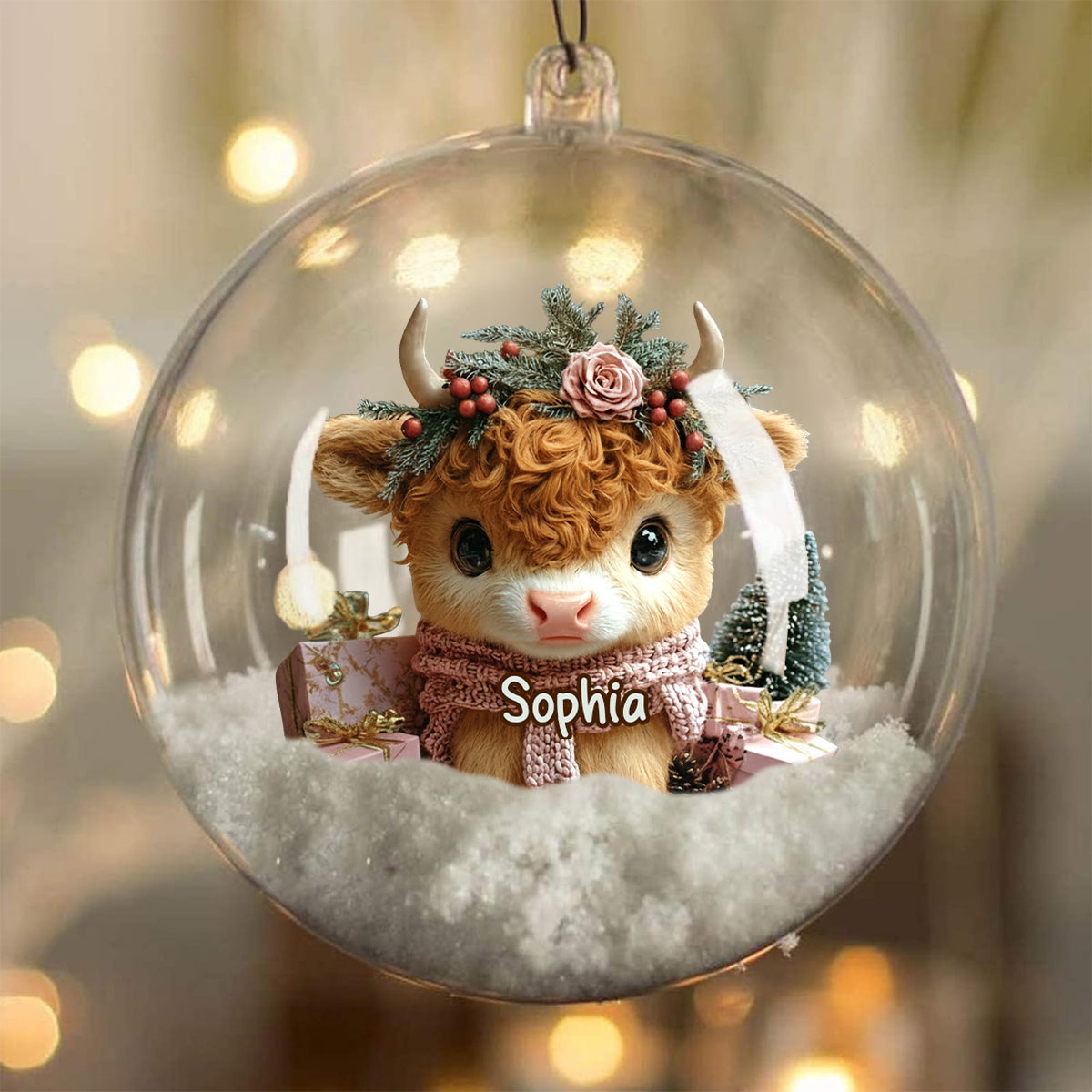 Highland Cow Christmas - Personalized Highland Cow Snow Globe Ornament With Bow