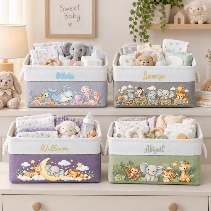 Personalized Cotton Linen Rope Basket with Watercolor Jungle Animals for Nursery Storage, Unique Baby Gift