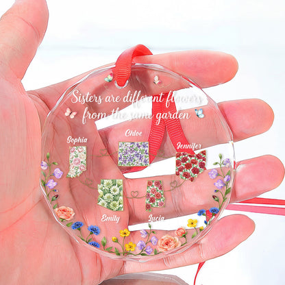 Sisters Are Different Flowers - Personalized Round Shaped Glass Ornament