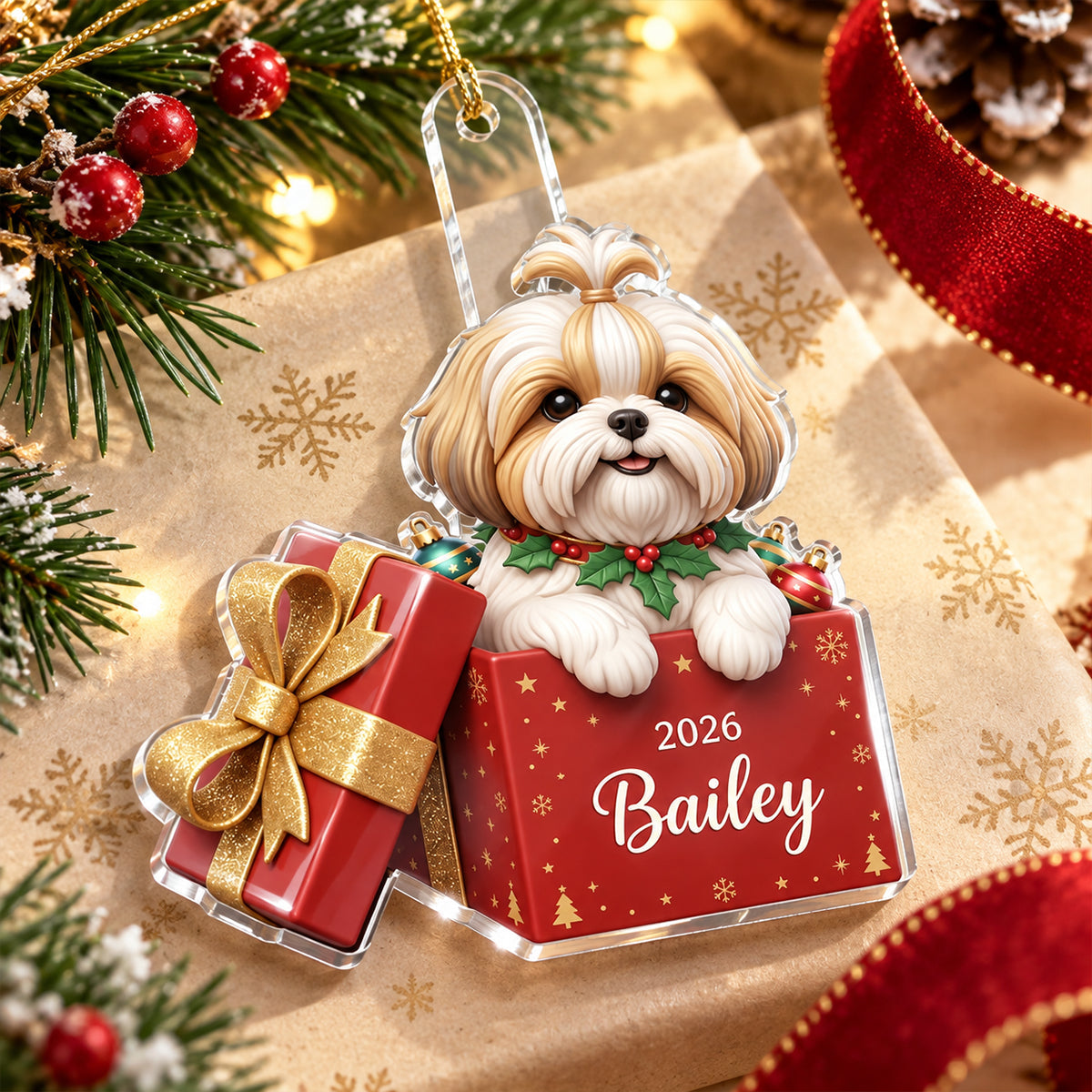 Custom Dog Cat Pet inside Gift Box - Personalized Acrylic Ornament - Christmas Gift for Dog Cat Mom