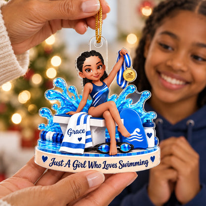 Just a Girl Who Loves Swimming - Personalized Acrylic Ornament - Custom Name Gift for Swimmer, Christmas Swim Team Gift, Female Athlete Keepsake