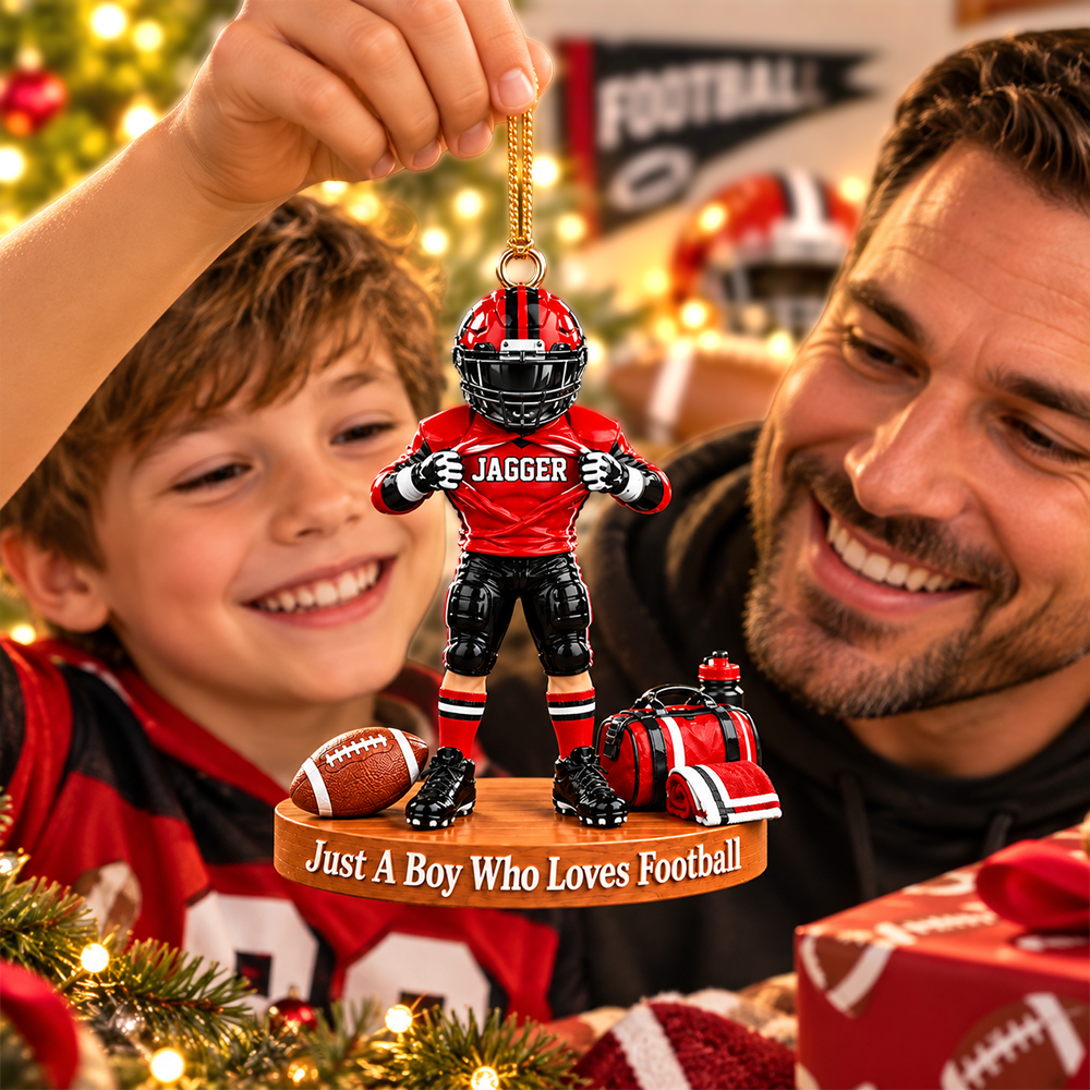 Personalized Football Player Christmas Ornament, Custom Name, Number & Uniform Colors, Just a Boy Who Loves Football Gift New