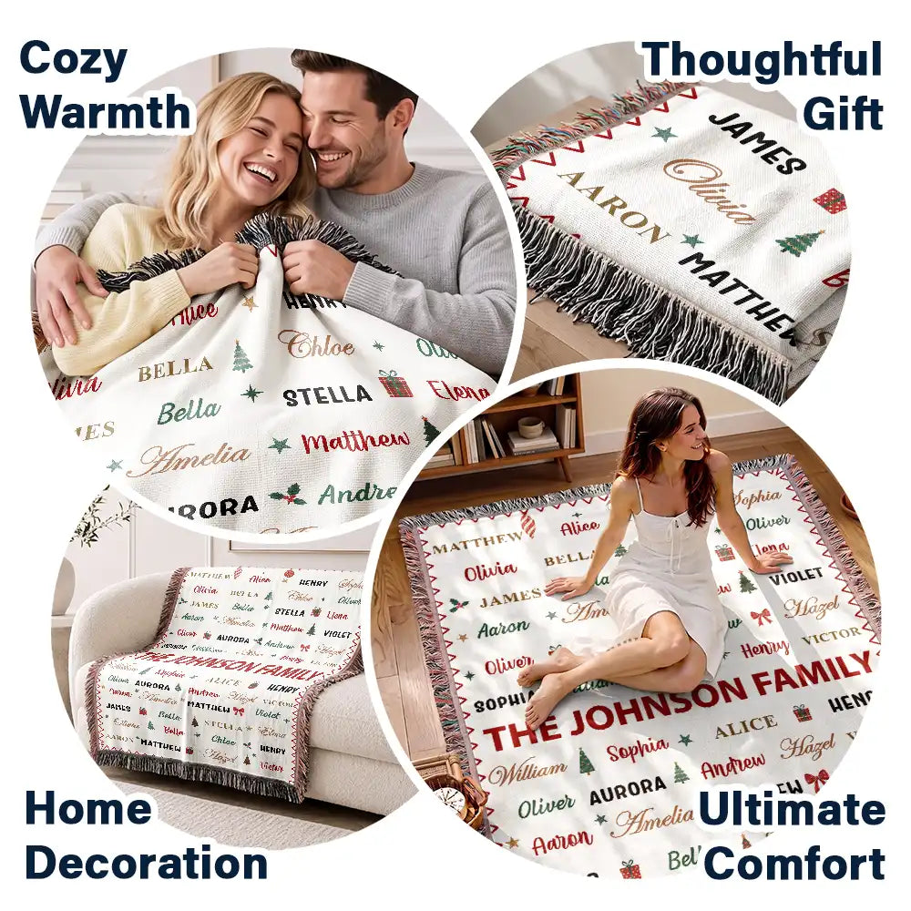 Christmas Gift For Grandma Mom - Personalized Family & Member Names Word Art Tree Star Wreath Woven Blanket