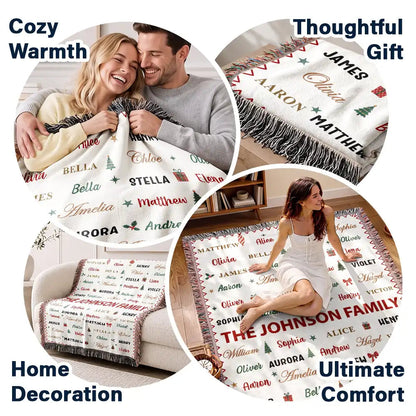 Christmas Gift For Grandma Mom - Personalized Family & Member Names Word Art Tree Star Wreath Woven Blanket