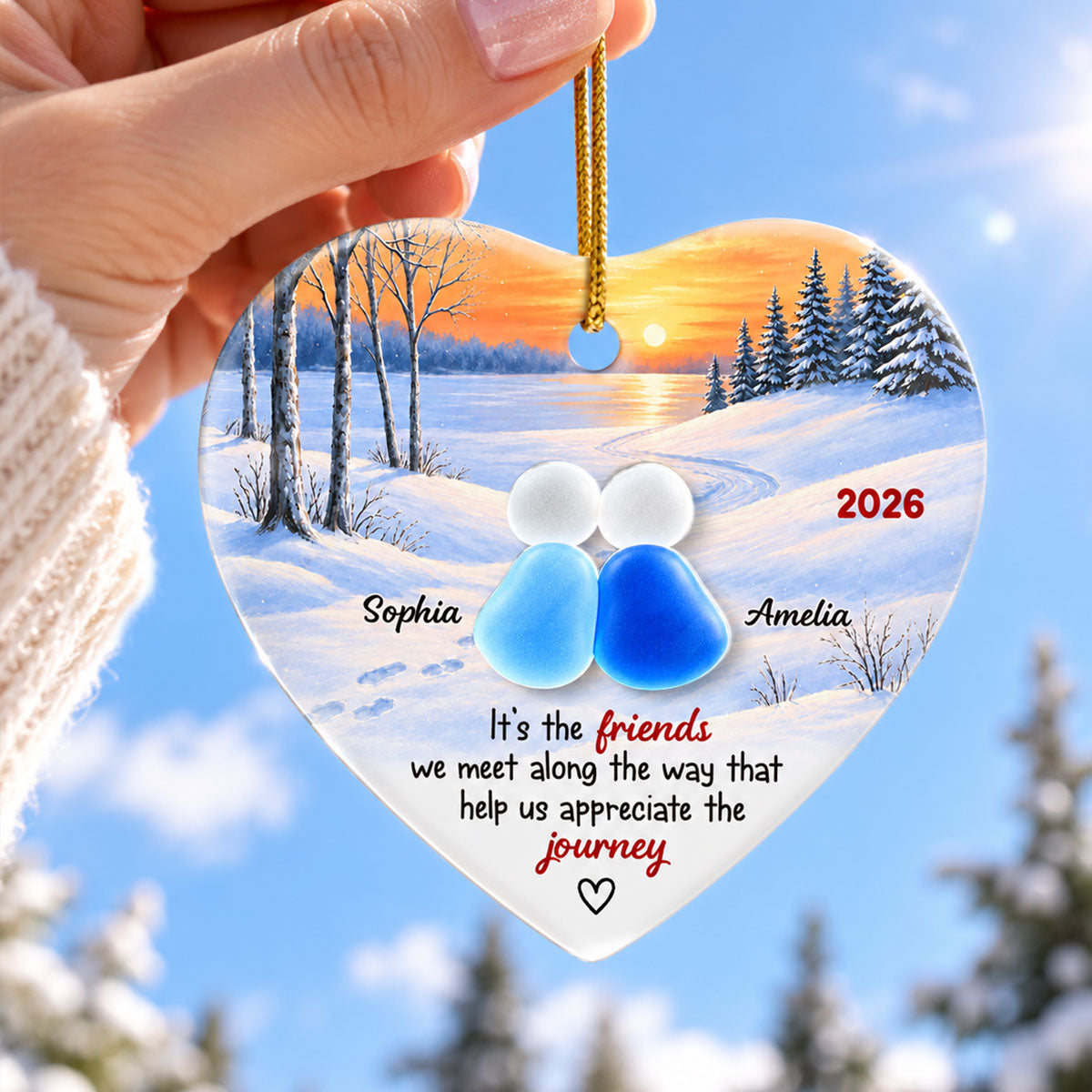 Friends Along The Way Winter Sunset Heart - Personalized Ceramic Ornament With Acrylic Pieces - Christmas Gift For Best Friend, Bestie, Soul Sister, Friendship Keepsake