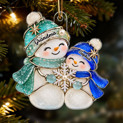 Grandma & Grandkid Snowman 2D Flat Printed - Personalized Acrylic Ornament - Christmas Gift For Grandchildren