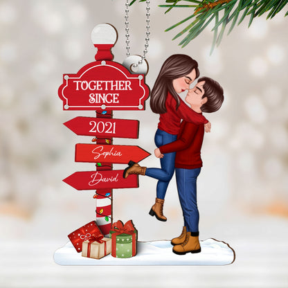 Christmas Couple Kissing Sign Personalized 2-Layer Wooden Ornament