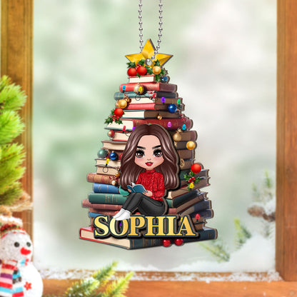 Christmas Book Tree Name Personalized 2-Layer Wooden Ornament, Book Lover Gift, Bookworm Gifts