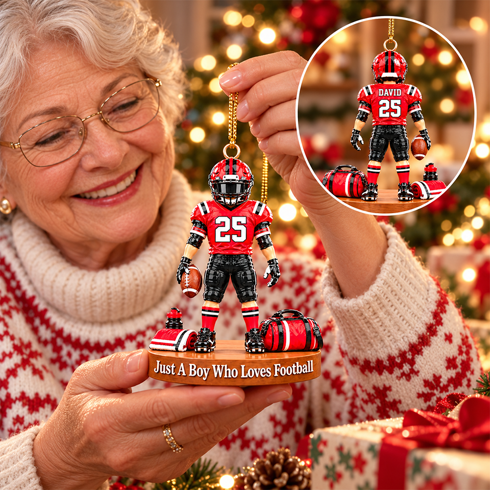 Luxury Personalized Football Player Christmas Ornament, Custom Name, Number & Uniform Colors, Just a Boy Who Loves Football Gift
