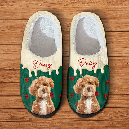 Custom Photo & Name Pet Dog Portrait With Holly Snowflake Poinsettia Christmas Slippers LM32 670501