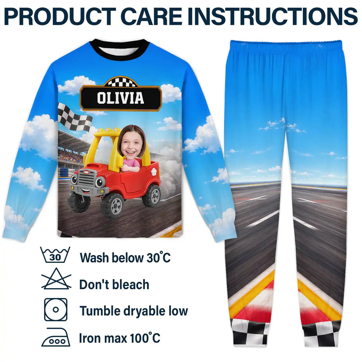 Gift For Kids Boys - Personalized Custom Photo Photo & Name Race Car Driver With Lightning Kid Pajamas Set