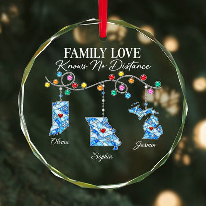 Family Love Knows No Distance - Personalized Glass Ornament - Togetherness Christmas Gift for Sisters, Children