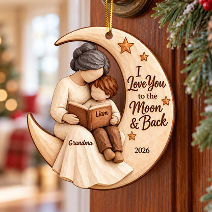 Grandma Grandkid Reading On Moon 2D Flat Printed - Personalized Wooden Ornament - Christmas Gift For Grandkid, Grandson, Granddaughter