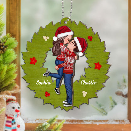 Wreath Christmas Couple Kissing Personalized 2-Layer Wooden Ornament