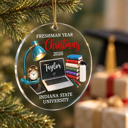 Freshman Year Christmas Study Desk – Personalized Acrylic Ornament – College Student Christmas Gift, First Year Keepsake