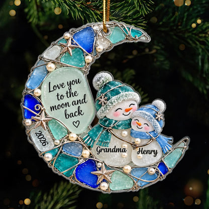 Grandma Grandkid Snowman On Moon 2D Flat Printed - Personalized Acrylic Ornament - Christmas Gift For Grandkid, Grandson, Granddaughter