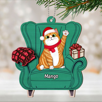 Christmas Cats On Sofa Personalized 2-Layer Wooden Ornament