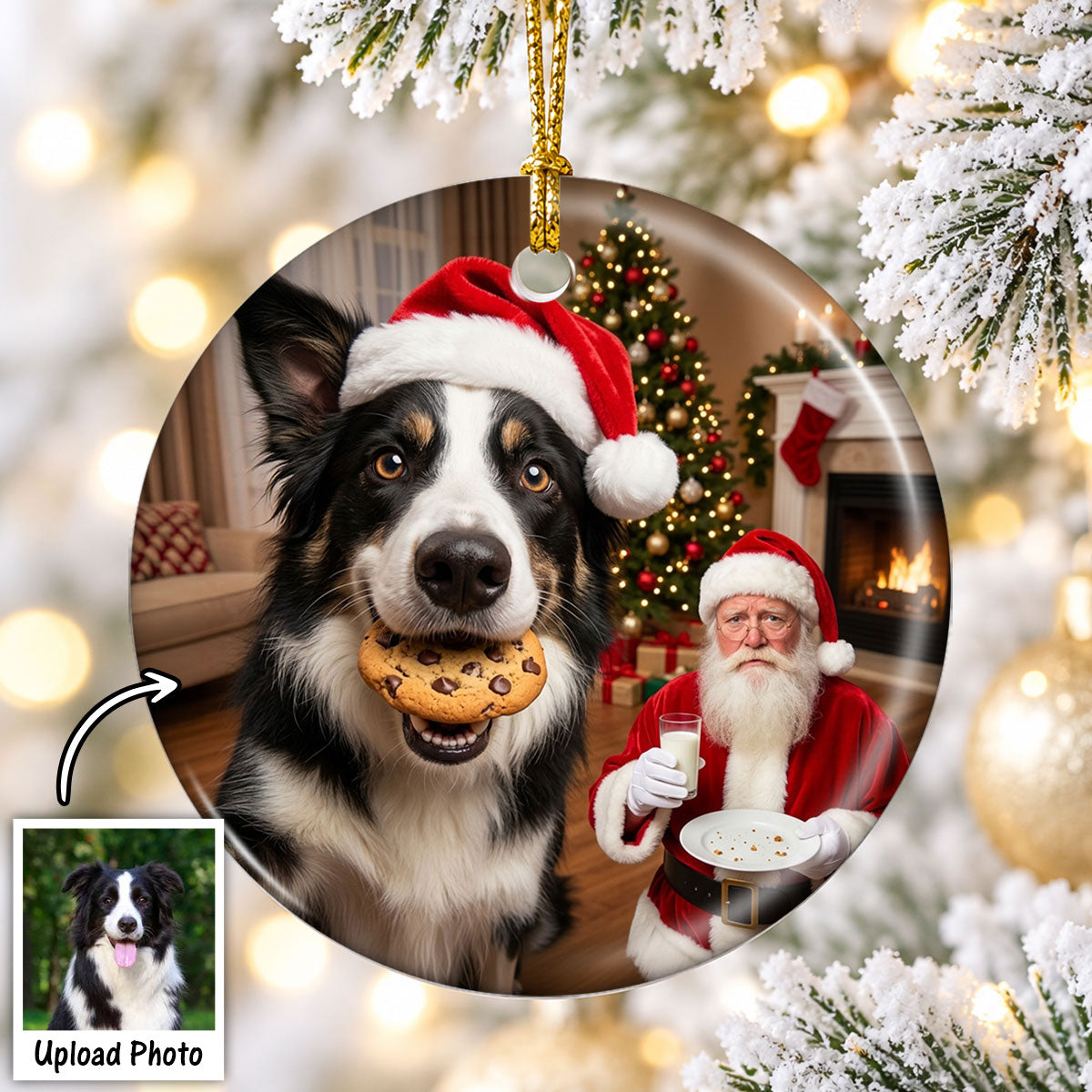 Dog Steal Cookie From Santa Upload Pet Photo - Personalized Ceramic Ornament - Funny Gift For Dog Lovers