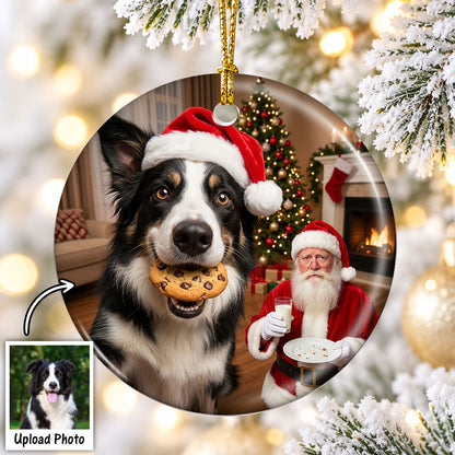 Dog Steal Cookie From Santa Upload Pet Photo - Personalized Ceramic Ornament - Funny Gift For Dog Lovers