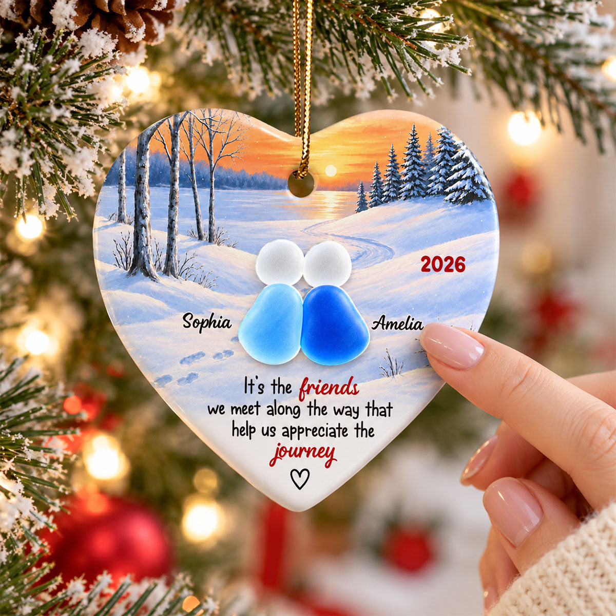 Friends Along The Way Winter Sunset Heart - Personalized Ceramic Ornament With Acrylic Pieces - Christmas Gift For Best Friend, Bestie, Soul Sister, Friendship Keepsake
