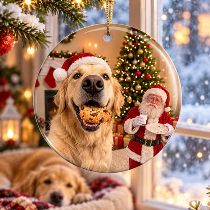 Dog Steal Cookie From Santa Upload Pet Photo - Personalized Ceramic Ornament - Funny Gift For Dog Lovers
