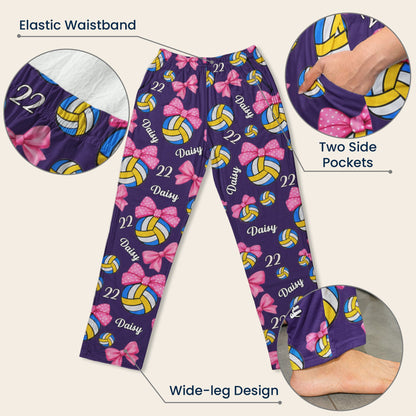 Coquette Bow Volleyball Custom Name, Number Gift For Volleyball Player, Volleyball Team - Personalized Lounge Pants