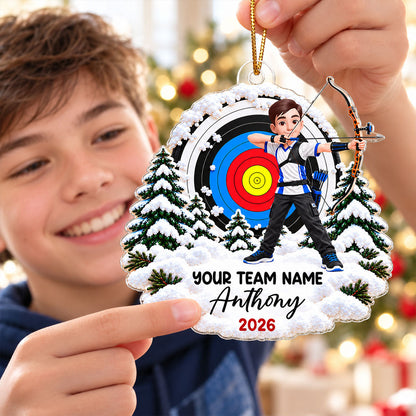 Proud Archer Custom Name And Team Name - Personalized Acrylic Ornament - Christmas Gift For Archery Lovers, Son, Daughter, Grandkids