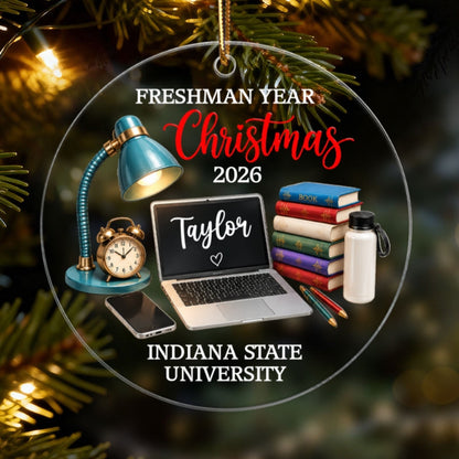 Freshman Year Christmas Study Desk – Personalized Acrylic Ornament – College Student Christmas Gift, First Year Keepsake