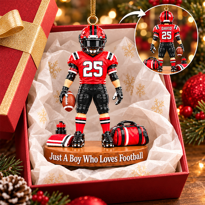 Luxury Personalized Football Player Christmas Ornament, Custom Name, Number & Uniform Colors, Just a Boy Who Loves Football Gift