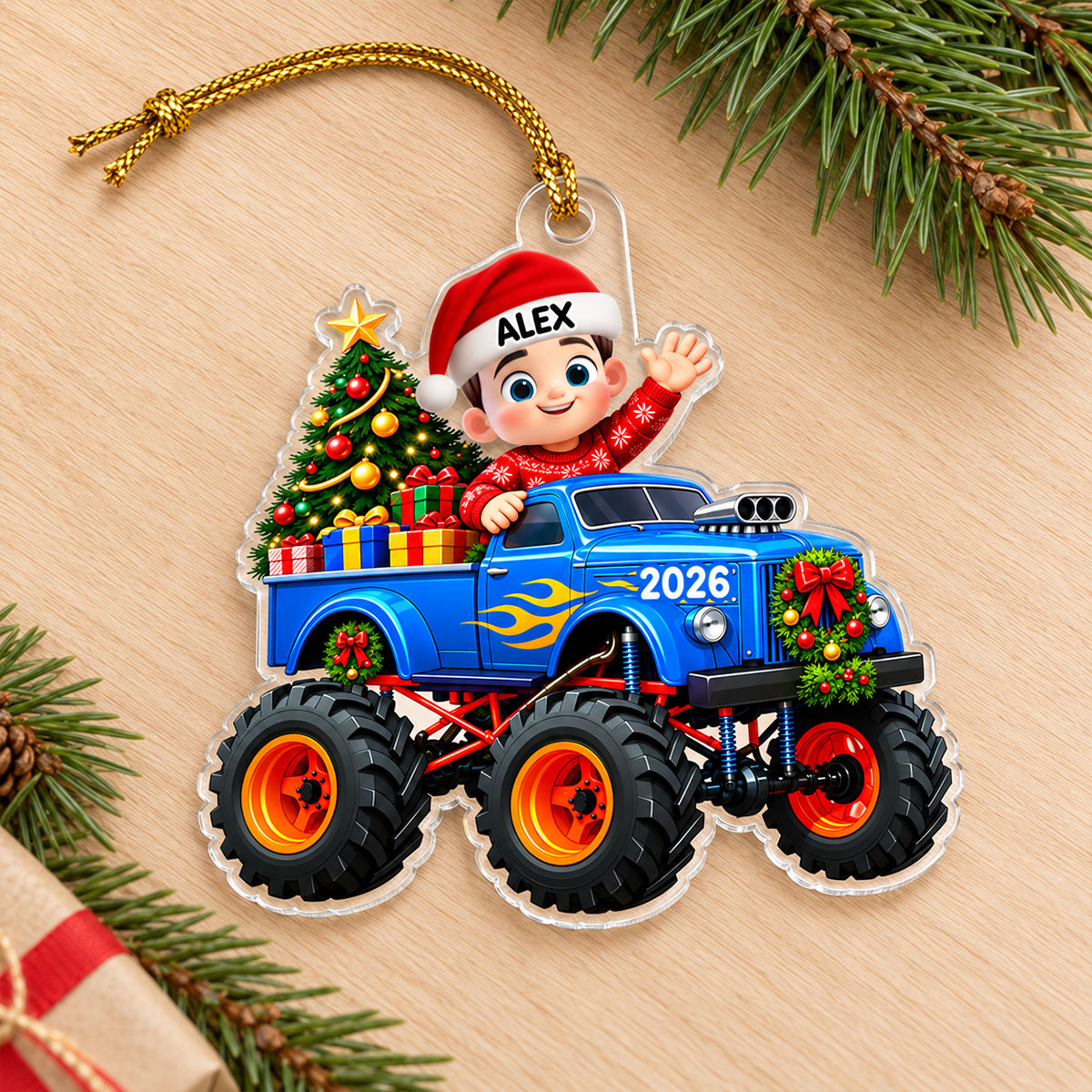 Little Kid With Monster Truck - Personalized Acrylic Ornament - Christmas Gift For Kids, Grandkids, Grandson, Granddaughter, Son, Daughter
