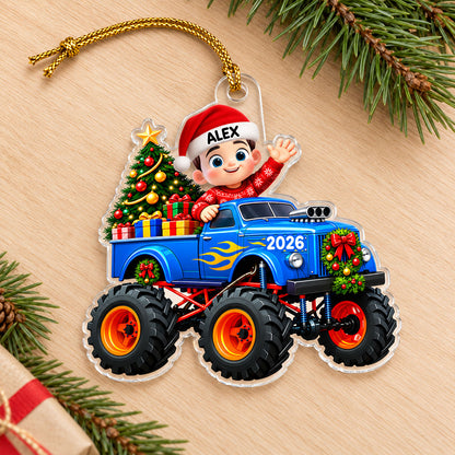 Little Kid With Monster Truck - Personalized Acrylic Ornament - Christmas Gift For Kids, Grandkids, Grandson, Granddaughter, Son, Daughter