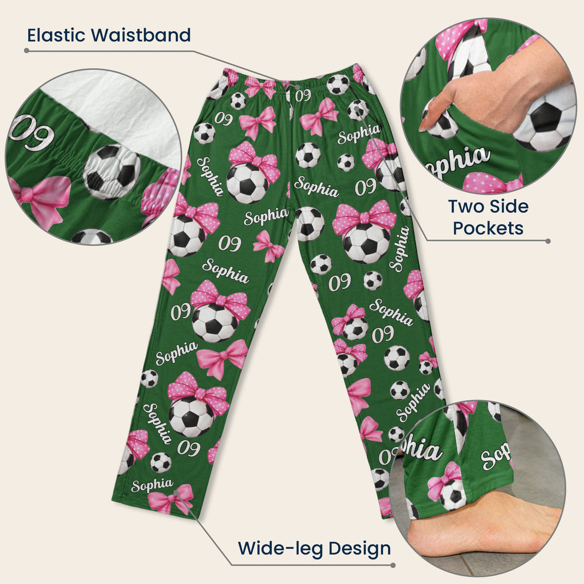 Coquette Bow Soccer Custom Name, Number Gift For Soccer Player, Soccer Team - Personalized Lounge Pants