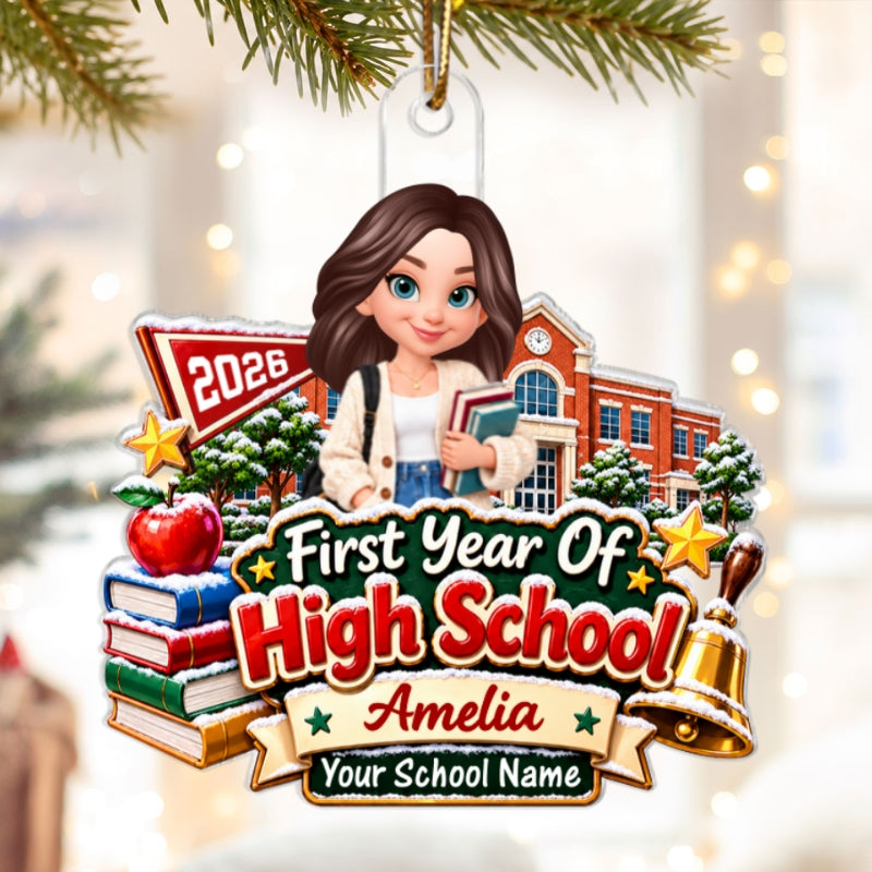 First Year Of High School Snowy Schoolhouse - Personalized Acrylic Ornament - Christmas Gift For Freshman, Son, Daughter, Grandkids