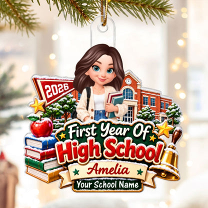 First Year Of High School Snowy Schoolhouse - Personalized Acrylic Ornament - Christmas Gift For Freshman, Son, Daughter, Grandkids