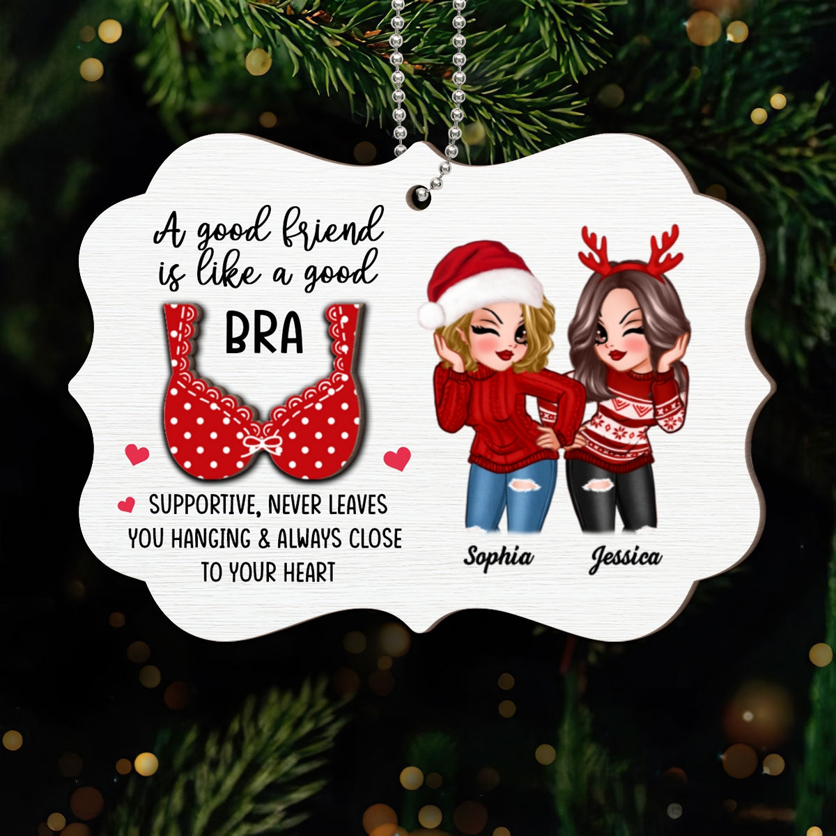 Sassy Besties A Good Friend Is Like A Good Bra Personalized 2-Layer Wooden Ornament