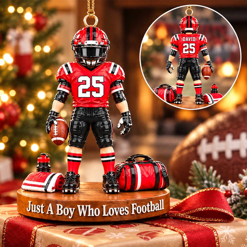 Luxury Personalized Football Player Christmas Ornament, Custom Name, Number & Uniform Colors, Just a Boy Who Loves Football Gift