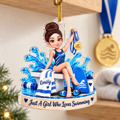 Just a Girl Who Loves Swimming - Personalized Acrylic Ornament - Custom Name Gift for Swimmer, Christmas Swim Team Gift, Female Athlete Keepsake