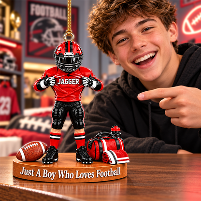 Personalized Football Player Christmas Ornament, Custom Name, Number & Uniform Colors, Just a Boy Who Loves Football Gift New