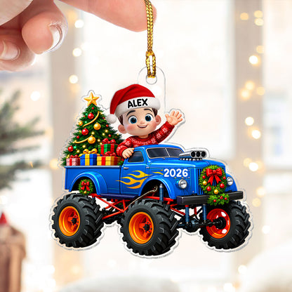 Little Kid With Monster Truck - Personalized Acrylic Ornament - Christmas Gift For Kids, Grandkids, Grandson, Granddaughter, Son, Daughter