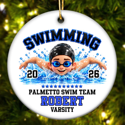 Swimming Boy Girl - Personalized Ceramic Ornament - Christmas Gift for Son Daughter Grandson Granddaughter