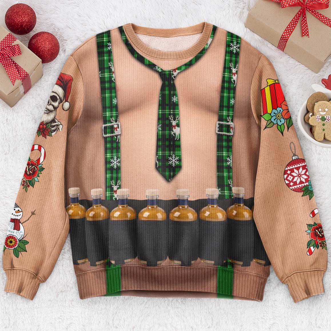 Funny Drinks Christmas Sweatshirt, 3D Muscle Santa Fake Ugly Xmas Sweater, Drinks Belt Holiday Pullover - Personalized Sweater