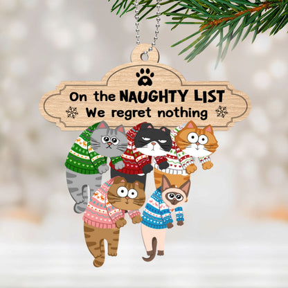 Christmas Naughty Cats Hanging On Mantel Personalized 2-Layer Wooden Ornament, Gift For Cat Lovers