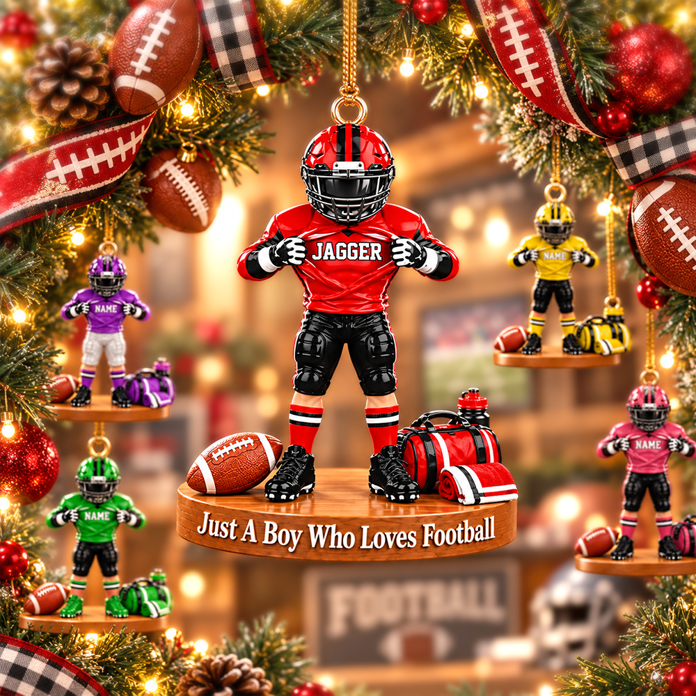 Personalized Football Player Christmas Ornament, Custom Name, Number & Uniform Colors, Just a Boy Who Loves Football Gift New