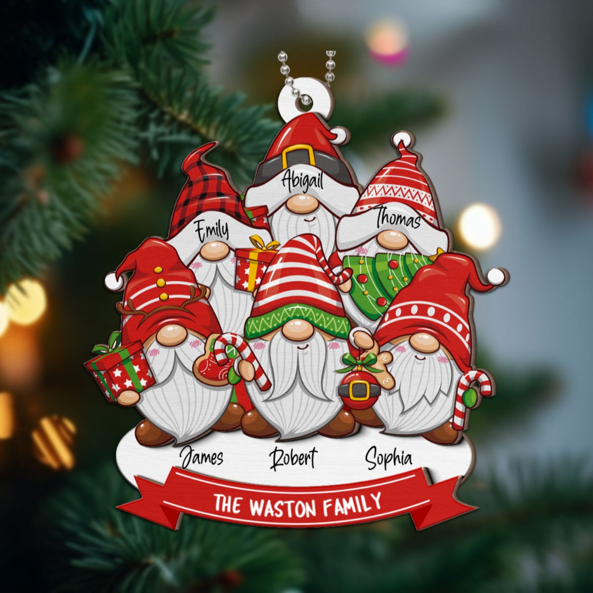 Christmas Gnome Family Personalized 2-Layer Wooden Ornament